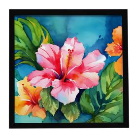 Hawaii Hawaiian Hibiscus in Watercolor Framed Metal Print Bathroom, Kitchen, Office, Home Decor Wall Art Ready to Hang, Square, 8X8
